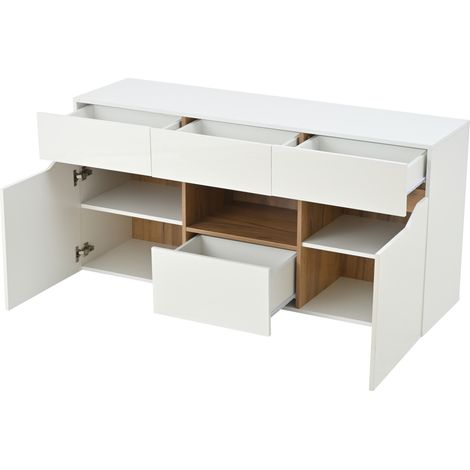 Buffet 140 x 40 x 70 cm, 4 tiroirs, 2 portes et LED, blanc et bois (1/5)