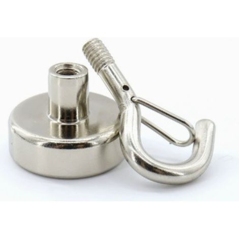 Lot de 4 mousquetons magnétiques avec boucle à ressort de type E, aimant néodyme N38 intégré, force de traction de 14 kg, surface nickelée pour la maison et le bureau, montage facile. (1/5)