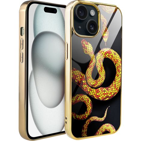 Coque iPhone 15 Ibiza Elite en verre, dos en verre, motif serpents et or, couleur or