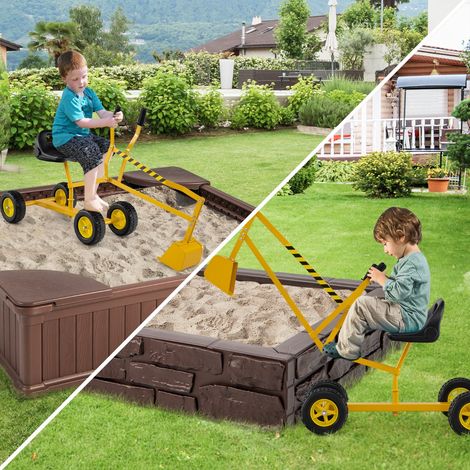 Pelleteuse Enfant Jouet de Sable avec Pelle Flexible Siège Rotatif à 360° & Dossier Ergonomique 4 Roues Excavatrice Jaune (1/2)