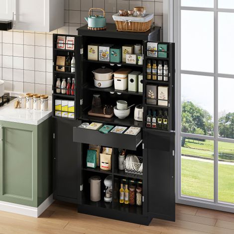 Armadio da cucina multifunzionale con cassetto interno e scomparti, nero, 75x40x182 cm (1/5)