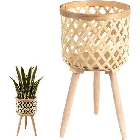 Support pour plantes d'intérieur en rotin tressé, avec pieds en bois, et paniers en osier tressés à la main. (1/5)