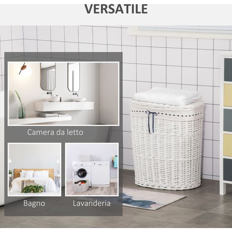 Panier à linge blanc en osier, avec couvercle et sac intérieur en tissu lavable (1/5)