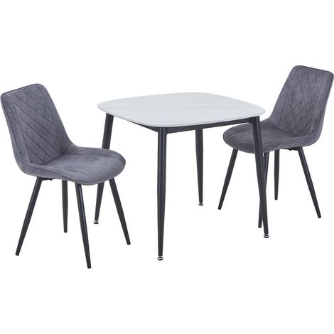 Aspen Gloss White Sintered Stone Square Table & 2 Grey Fabric Chair Set - Metal - L54 x W53.5 x H85.5 cm