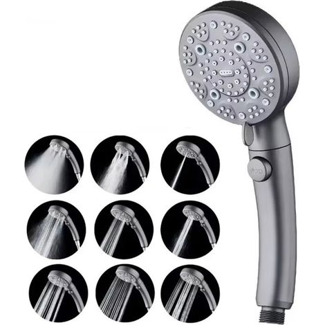 Pommeau douche main 9 modes réglables, Interrupteur stop eau pluie gris (1/5)