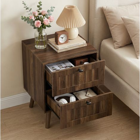 Table de chevet rétro en noyer avec 2 tiroirs, 43,5x40x57,5 cm (1/5)