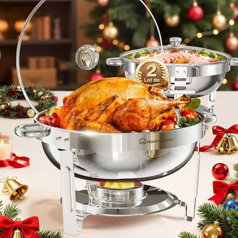 Lot de 2 Chafing Dish 5 L, Ronds Réchaud à Buffet avec Couvercle en Verre, Buffets Chauffants en Acier Inoxydable Idéal pour Fêtes, Événements, Mariages, Dîners, Noël et Camping (1/5)