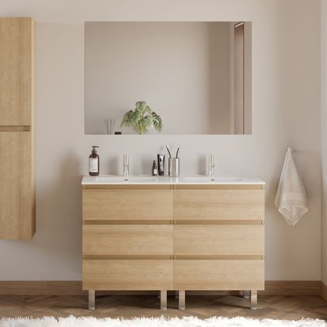 Meuble de salle de bain 120cm double vasque - 6 tiroirs - nebraska (bois clair) - MAYOR