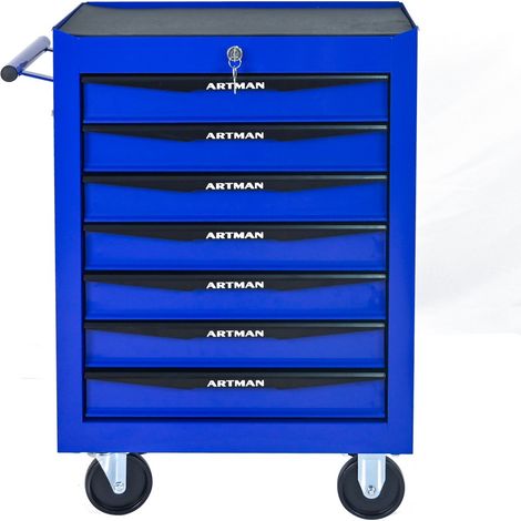 Coffre à outils métallique 7 tiroirs pliable avec roulettes, glissières à billes, rangement acier - organisateur d'atelier noir et bleu 52,4x33x77,7cm