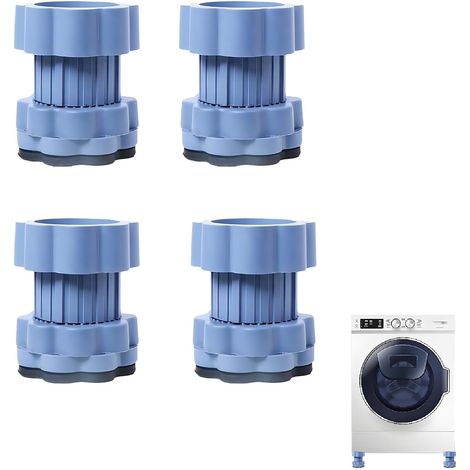 Un ensemble de 4 rehausseurs universels pour socle de machine à laver, amortisseurs réglables et patins de protection.
