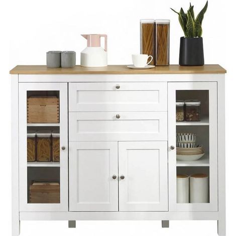 Meuble de rangement 2 portes avec 2 étagères, 2 tiroirs, façade en verre trempé, style blanc et bois clair, anti-basculement, pour salon ou salle à manger  CHICFURN (1/5)