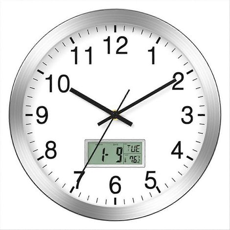 Horloge murale de 30 cm avec date numérique, jour de la semaine et température intérieure - Fonctionne sur piles (1/5)