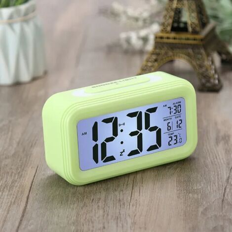 Réveil numérique, affichage LCD de la température, réveil silencieux pour enfants, avec veilleuse et fonction snooze, blanc