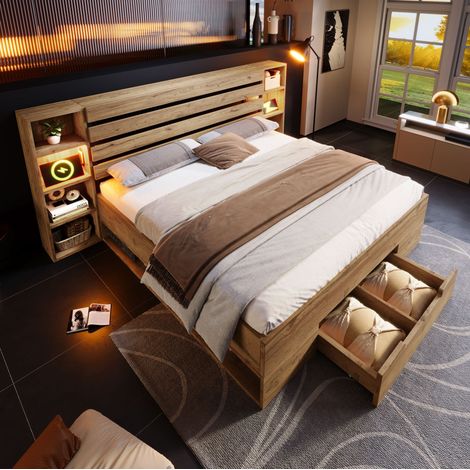 DESVIAE Lit double avec rangement et LED 160 x 200 cm tête de lit avec USB Type C étagères ouvertes tiroirs structure en bois et métal décor chêne (1/5)