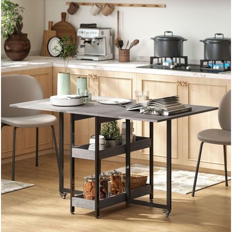 Tavolo da pranzo pieghevole 133,4x80x75 cm grigio in legno con 2 ripiani aperti e ruote frenanti (1/5)