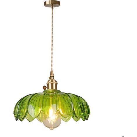 Lampe Suspension Moderne en Verre,25cm Vintage Lustre Plafonnier Abat-jour en Fleur Vert avec Interrupteur ligne 1.5M Reglable (1/5)