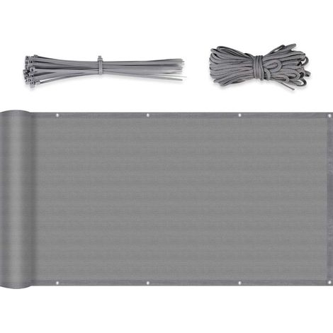 Brisevue de balcon HDPE légèrement transparent, protection UV et antivent, avec colliers et cordons, 0,9×5 m, gris. (1/5)