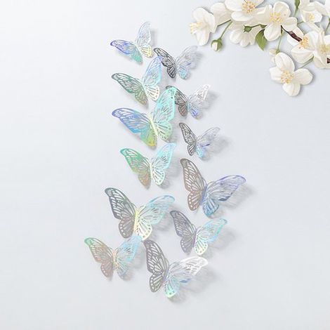 Set di 48 adesivi murali 3D a forma di farfalla in 4 colori (oro, oro rosa, argento, olografico) – Farfalle decorative 3D in 3 dimensioni, autoadesive per soggiorno, camera da letto o decorazioni per (1/4)