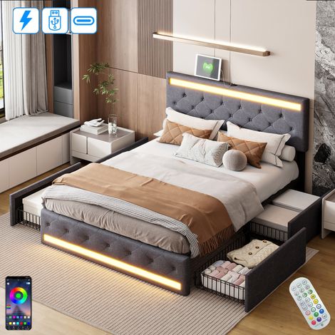 Letto 140x190 cm, 2 posti, con 4 cassetti, LED, porta USB-A/C, testata letto con bottoni, sommier a doghe in legno, cornice in metallo, letto matrimoniale rivestito in lino - Grigio