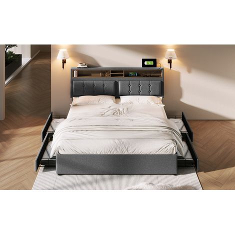 Lit double avec 4 tiroirs et prise USB. Lit berçant de 140x200 cm. Structure du lit réglable en hauteur. Matelas en bois (sans matelas intégré). (1/5)