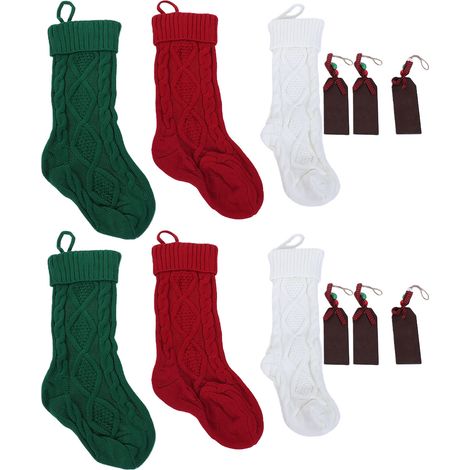 Ensemble de 6 chaussettes de Noël tricotées à suspendre, avec étiquettes en bois pour la décoration des fêtes de fin d'année en famille (blanc, rouge, vert). (1/5)