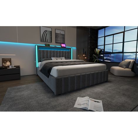 Lit pliant USB Type C avec fonction de chargement. Éclairage LED. Il comprend 4 tiroirs. Lit pour jeunes adultes, dimensions 140x200 cm. Lit double. Structure du lit en bois. Matelas non inclus. (1/5)