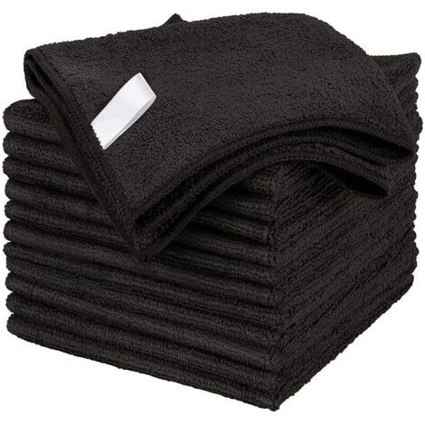 Chiffon de Nettoyage en Microfibre, Serviettes Tout Usage, sans stries, Paquet de 12, Noir, Taille 30x30cm