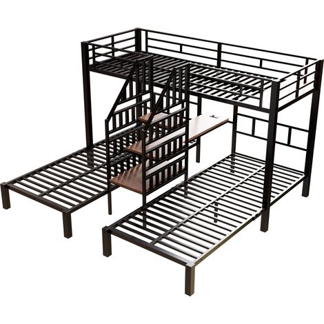 Cama alta 90 x 200 cm de metal y MDF negra con LED, escritorio, estantería, 2 USB y 1 toma (1/5)