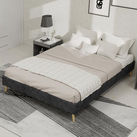 Cadre de lit minimaliste moderne, 140200CM, gris, en velours hollandais, sommier bas, mobilier de chambre de style moderne, sans vérin à gaz, sans tête de lit ni matelas. (1/5)