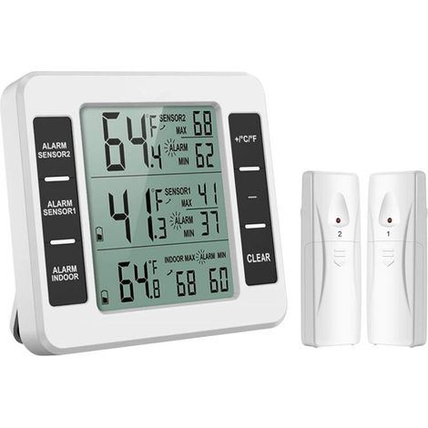 Thermomètre de frigo congélateur, thermomètre de réfrigérateur sans fil avec 2 capteurs, alarme sonore, min/max pour maison, cuisine, restaurant. (1/4)