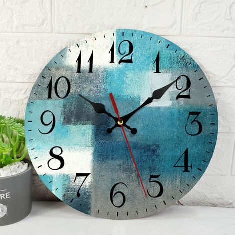 Horloge murale en bois turquoise silencieuse sans tic-tac, vert, bleu, gris, bleu sarcelle, peinture abstraite grise, horloge murale ronde décorative pour la maison, la cuisine, le salon (1/5)