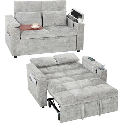 HOMCOM 2 Seater Sofa Bed with USB Port, Armrest Storage, Side Pockets, Grey (1/5)