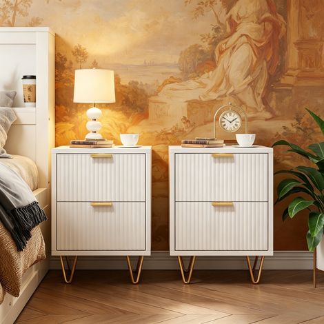 JOOKGBD-Lotto di 2 Comodini,Tavolo da Notte Bianco con 2 Cassetti,Mobile da Notte in Legno,Piedi in Metallo e Maniglie Dorate,Design Motivo Onde Moderno per Camera,Soggiorno,Bianco