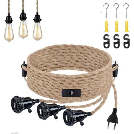 Kit de suspension en corde de chanvre - Lampe suspendue avec prise - 3 ampoules - Vintage - Câble de lampe avec interrupteur - Douille E27 avec câble de 8,5 m - Pour maison, cuisine, café (1/5)