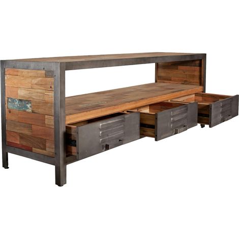 Meuble TV métal bois recyclé 3 tiroirs CARAVELLE (1/4)