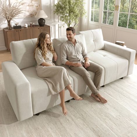 Canapé modulable 3 places 213 cm convertible lit, profondeur assise réglable jusqu’à 68 cm, revêtement chenille, droit compact (1/4)