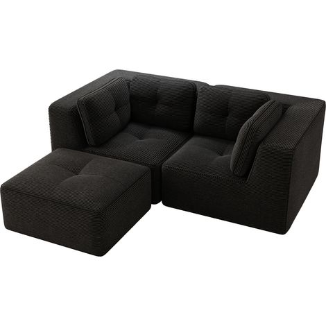 Divano angolare modulare L nero in tessuto a coste, senza montaggio, con pouf mobile (1/5)