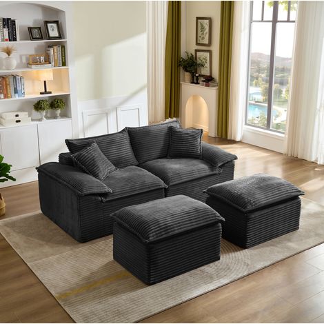 Canapé 2 places 206x158x88 cm noir avec repose-pieds, tissu côtelé MEUBLIV (1/5)