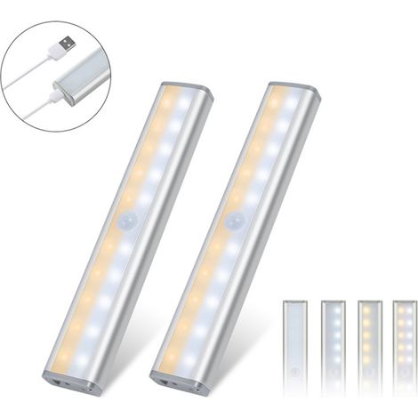 Lot de 2 éclairages armoire avec détecteur de mouvement USB rechargeable 20 LED aimanté amovible à coller pour penderie tiroir placard lumière blanc chaud (1/5)