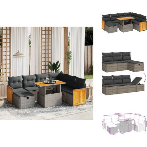 Salon de jardin 8 pcs avec coussins gris résine tressée - Ensemble Salon De Jardin - Mobilier Extérieur - Résine Tressée - Rotin Synthétique - Table Extensible (1/4)
