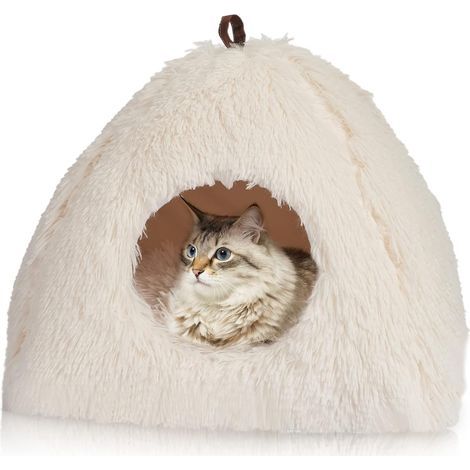 1 - Lit Pour Chat - Abri Chat - Forme Pyramide Avec Coussin Amovible Lavable Pour Salon Balcon Voyage Beige 40x40x37cm
