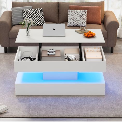 Table salon relevable rangement LED blanc 100x50x42 OKMYHOME (1/5)