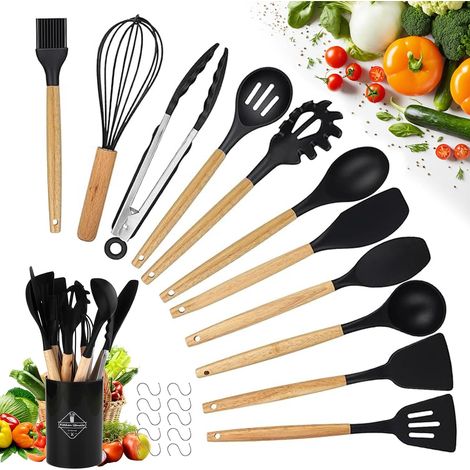 Ustensiles De Cuisine Silicone - Ustensile Cuisine Ensemble De 22 Pièces - Spatule Silicone - Louche Cuisine - Cuisine Accessoires - Batterie Cuisine (Noir, Livré Avec 10 Crochets) (1/5)