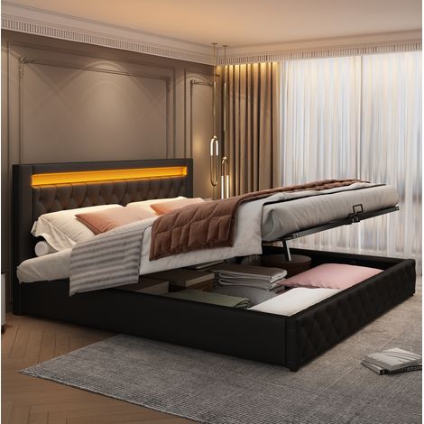 Bett Mit Bettkasten 140x190 cm Mit Hochklappbarem Lattenrost, LED-Kopfteil In Schwarzem Kunstleder (1/5)