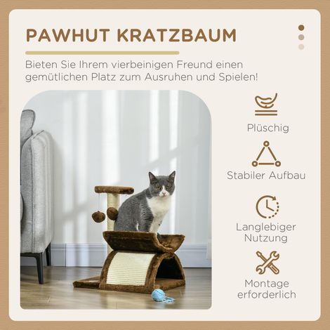 Katzenhaus 43 cm. Kleines Katzenhaus mit Tunnel, U-förmiger Liegefläche, Kratzbaum mit Kratzbrett, Spielball, Möbel für kleine Katzen, braun. (1/5)