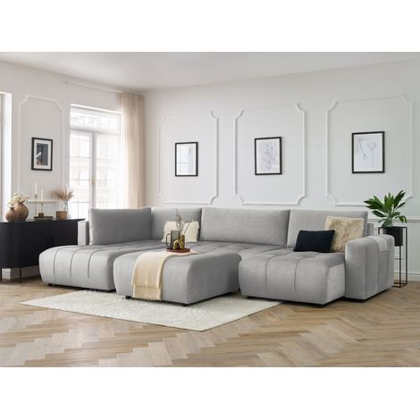 BOBOCHIC - Canapé panoramique convertible coffre ARSENE tissu velours avec pouf Angle droit Gris clair (1/5)