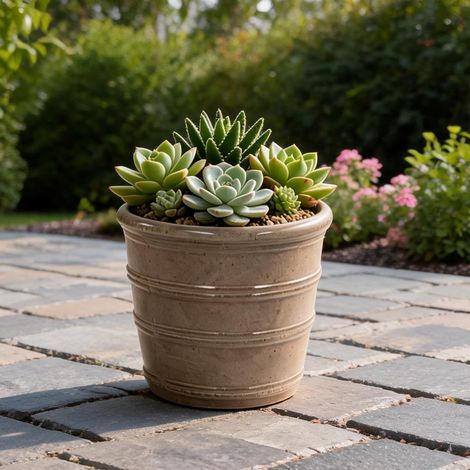 Pot de fleurs en céramique Ø24 cm taupe brillant avec motif (1/5)