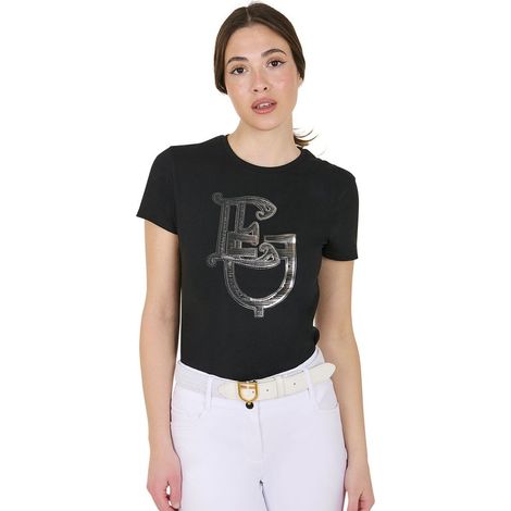 XL, Nero: T-shirt da donna slim fit in cotone a manica corta con stampa monogram laminata (1/5)