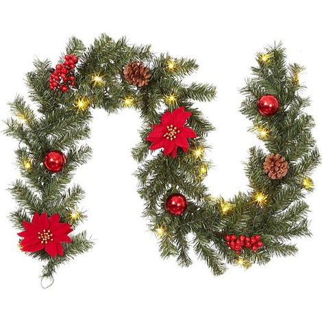 Guirlande De Noël Artificielle - Feuilles De Cyprès - Avec Lumières Led - Baies Rouges Et Pommes De Pin - Pour Intérieur Et Extérieur - 180 Cm (1/5)