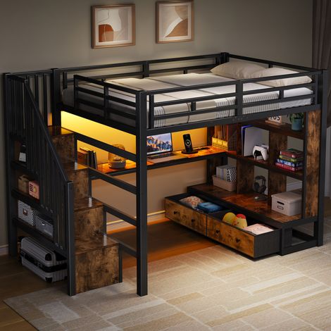 DESVIAE Lit mezzanine 140 x 200 cm avec bureau étagères escalier de rangement 2 tiroirs et éclairage LED noir métal MDF (1/5)